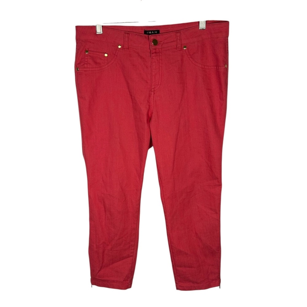 IMAN Women Coral Pink Cropped Tapered Denim Pants Gold Hardware Size M